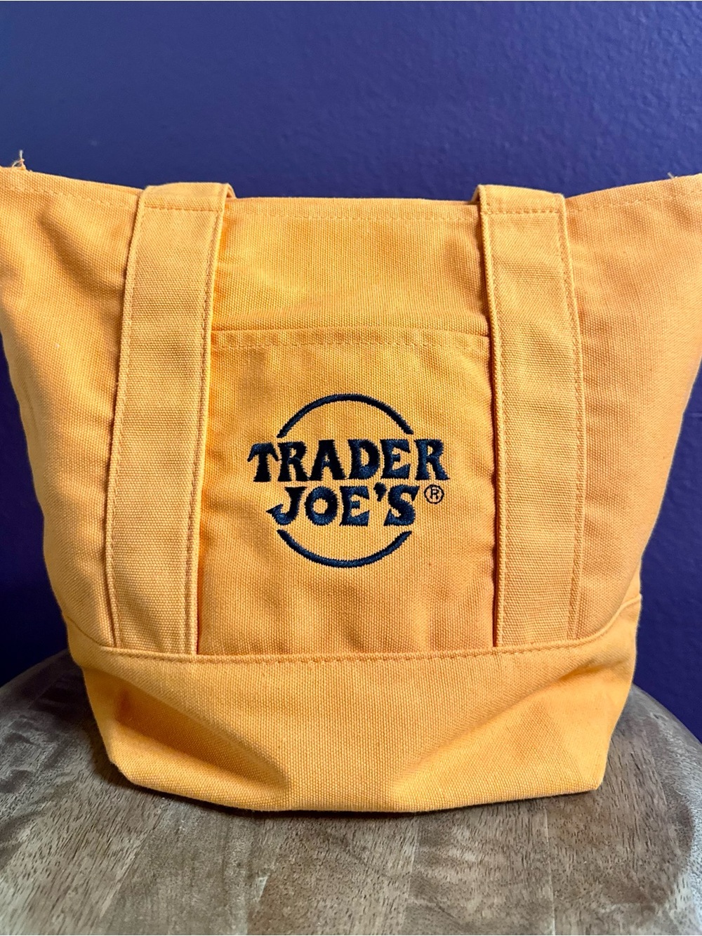 2 Trader Joe's Mini Tote Bags with Embroidered Logo (orange and purple)
